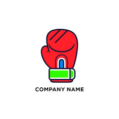 Red boxing glove with green and blue details on a white background.