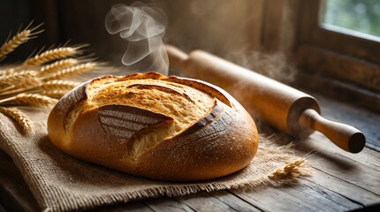 Freshly Baked Artisan Bread with Rolling Pin on Rustic Table.