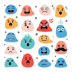 Fototapeta premium A diverse collection of colorful cartoon emoji faces expressing a wide range of human emotions and feelings.