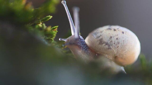 Close-up cinematic footage of a snail slowly climbing up a moss-covered tree trunk in a damp forest environment