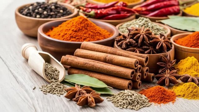 Vibrant spice assortment in wooden bowls