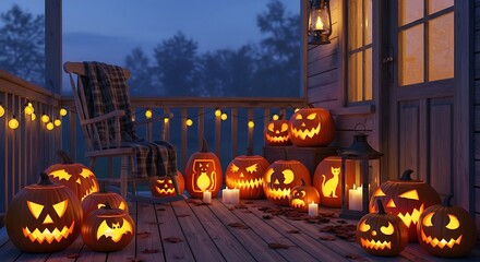 Obraz premium Spooky jacko'lanterns glowing on a porch with rocking chair at night for halloween