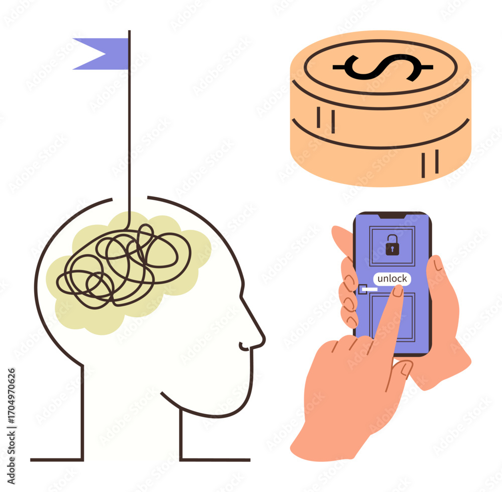 Poster human head with tangled lines and flag, coin stack, finger unlocking smartphone. ideal for problem-s