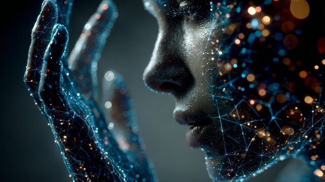 Harnessing big data for future-forward technological solutions. Ai framework. Future insights: engaging with vast data via virtual interfaces. Artificial intelligence. Virtual connectivity.