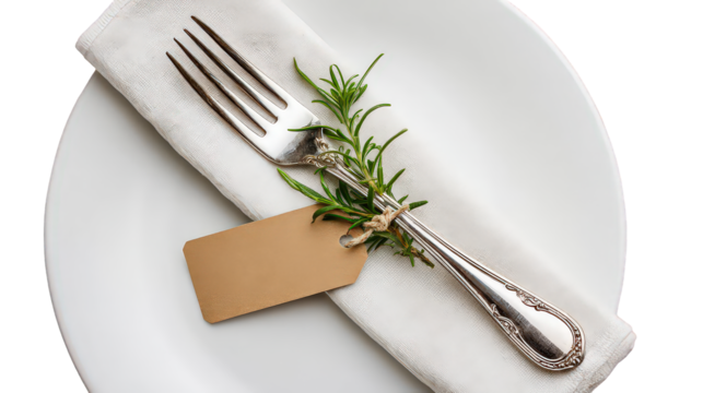Elegant Place Setting with Silverware and Rosemary Sprig