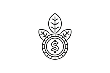 Coin Dollar Sign and Leaves Isolated Icon Outline Style White Background