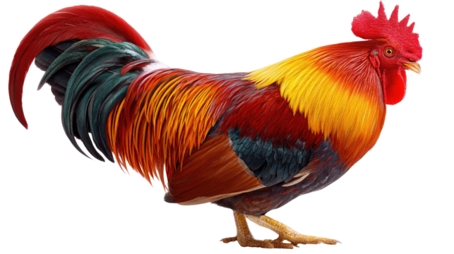 Vibrant Rooster: A rooster in a state of alert, displaying a flamboyant array of colors, radiating vibrancy and energy. The stunning colors captivate the viewer.