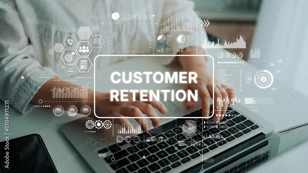 Poster hands typing on laptop with digital graphics for customer retention marketing strategy. asymptotic s