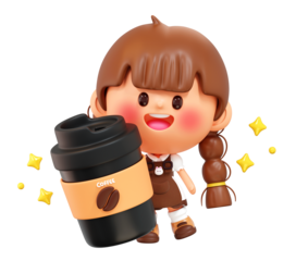 3D Cute Cartoon Girl with Brown Braided Hair Holding Coffee Cup, Transparent Background