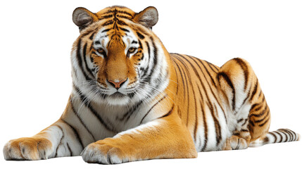 Obraz premium Majestic Tiger in Repose: A stunning tiger reclines regally, its amber and black stripes gleaming under the sunlight.