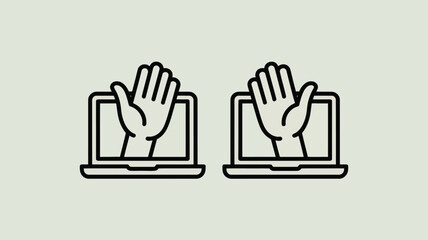 Obraz premium Two laptop icons displaying a hand reaching out from the screen in a simple line drawing style design