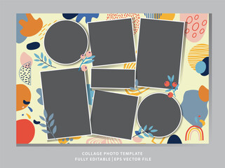 Collage Photo Template with Boho Hand Drawn Abstract Background Vector