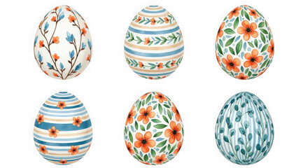Collection of six decorative easter eggs with floral and striped patterns, isolated on transparent background
