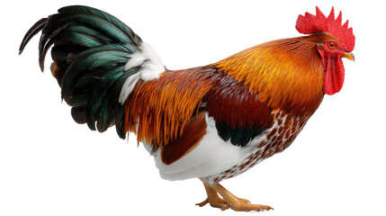 Fototapeta premium Majestic Rooster Portrait: A vibrant rooster stands proudly, showcasing its vivid plumage in a captivating photographic composition, perfect for any poultry-themed design.