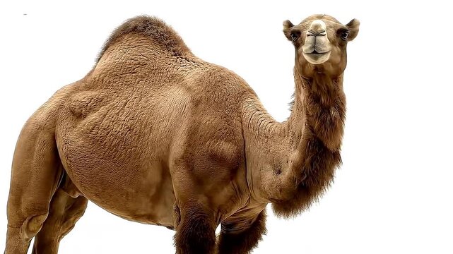 Brown camel with one hump facing forward in front of a white background