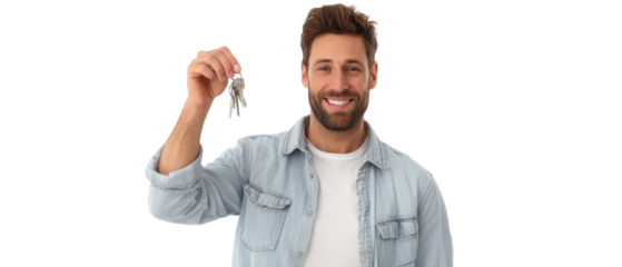Man holding keys and smiling confidently.