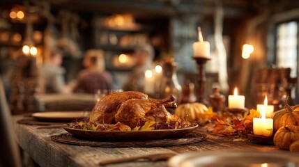 Rustic Wooden Dining Table Set for Thanksgiving with Roasted Turkey and Family Gathering
