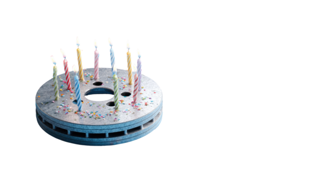 A stylized, circular cake with candles, resembling a disc