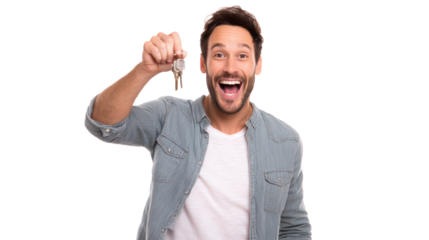 Cheerful man holding keys, celebrating new home.