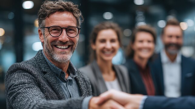 Group of positive professionals congratulate african american woman on her success with a firm handshake and smiling faces in modern workplace