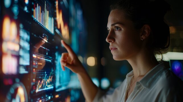 Professional woman analyzing complex data visualizations on a futuristic transparent screen