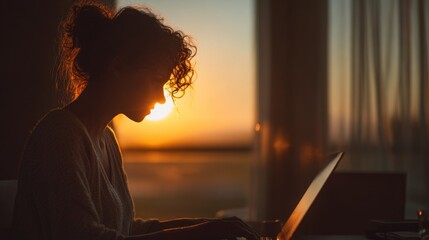 Silhouette of a woman working on a laptop during golden hour at home, embracing remote work