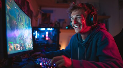 A young man immersed in gaming session, illuminated by vibrant display, creating a captivating and