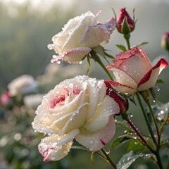 A close-up of fresh white and red roses with morning dew and a blurred garden background.