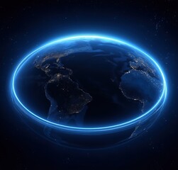Obraz premium Luminous blue orbital ring around Earth in deep space, flat cartoon art for renewable energy campaigns, eco-awareness and sustainability graphics.