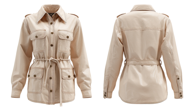Beige, button-front, long-sleeve jacket with drawstring waist.  Front and back views