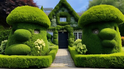 Whimsical topiary garden at an enchanted home, featuring creative green shrubbery art