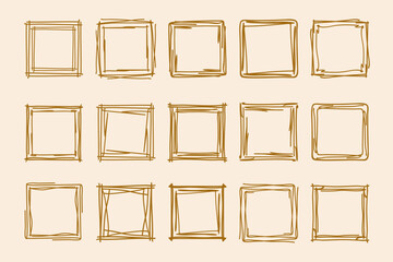 Square doodle stamp frames, hand-drawn wavy curly monograms. Edgings and cadres with simple sketchy scribble swirl design elements. Isolated. Vector illustration.