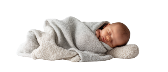 Peaceful sleeping baby wrapped in soft blanket.
