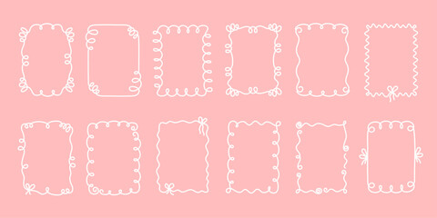 Hand-drawn coquette wavy frames set, squiggle curly swirl tied bow borders, ribbons cadre vintage modern vintage whimsical edgings elements, elegant trend stamps flirting girly style design. Isolated.