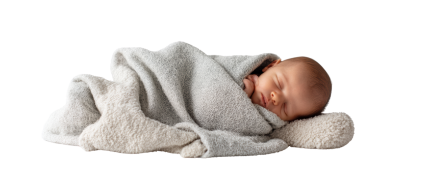Peaceful sleeping baby wrapped in soft blanket.