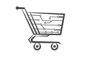 Dark Shopping Cart Circuit on White Background, Tech Theme Design Isolated