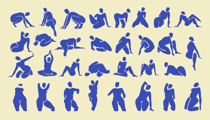 Woman contemporary abstract figures silhouette, hand drawn cut out feminine form different poses. Flat collage mid-century style, applique unique design, female shape poster, decorative art. Isolated.