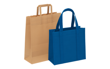 Brown Paper Bag and Blue Tote Bag on White Background Keywords: bag, paper bag, tote bag