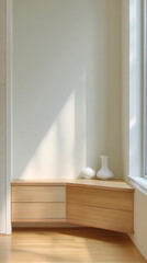 Minimalist corner display with wooden furniture and elegant vases in a bright interior space