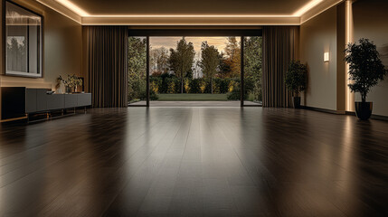 Modern interior design featuring large windows with a view of a landscaped garden in soft evening light