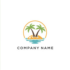 Tropical Island Logo with Palm Trees, Sandy Beach, and Ocean Waves.