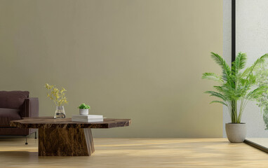Modern minimalist living room with wooden furniture and greenery on a sunny day