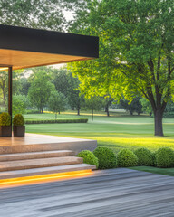 Modern architecture integrates seamlessly with nature in a serene outdoor setting during golden hour