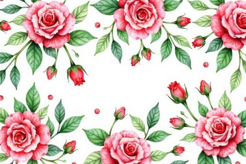 Delicate watercolor rose buds & leaves repeat seamlessly, soft, vintage