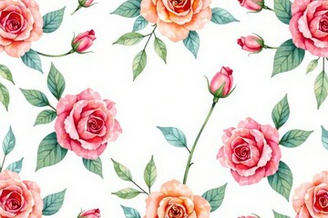Delicate watercolor roses & leaves, repeat endlessly , red, floral background, pastel