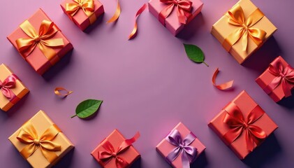 Elegant gift boxes, ribbon accents, seamless pattern, purple, present