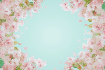 Soft pink cherry blossom frame with delicate petals and green leaves on turquoise background evoking gentle spring joy