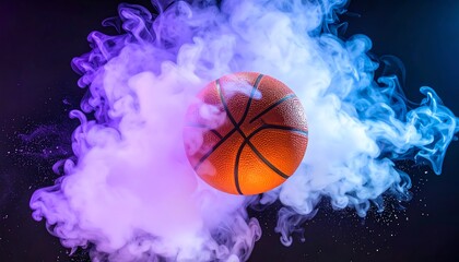 Basketball surrounded by vibrant colorful smoke, dynamic sports action.