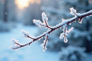 Frost-covered branch with delicate icy details on white , background, ice