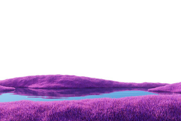 Vibrant purple grassy hills and reflective lake surface isolated on white background, surreal fantasy nature concept with vivid tones. 3D Rendering. © ImageFlow
